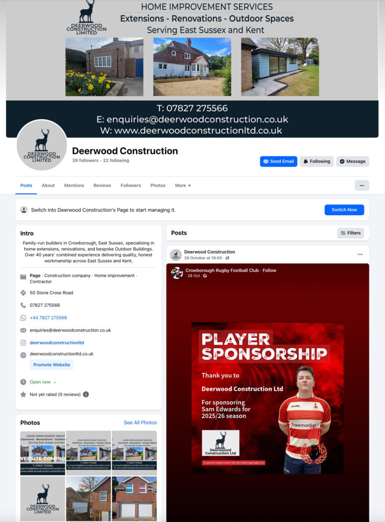 Deerwood Construction Facebook feed showing company details, posts and branding for Crowborough East Sussex construction services.