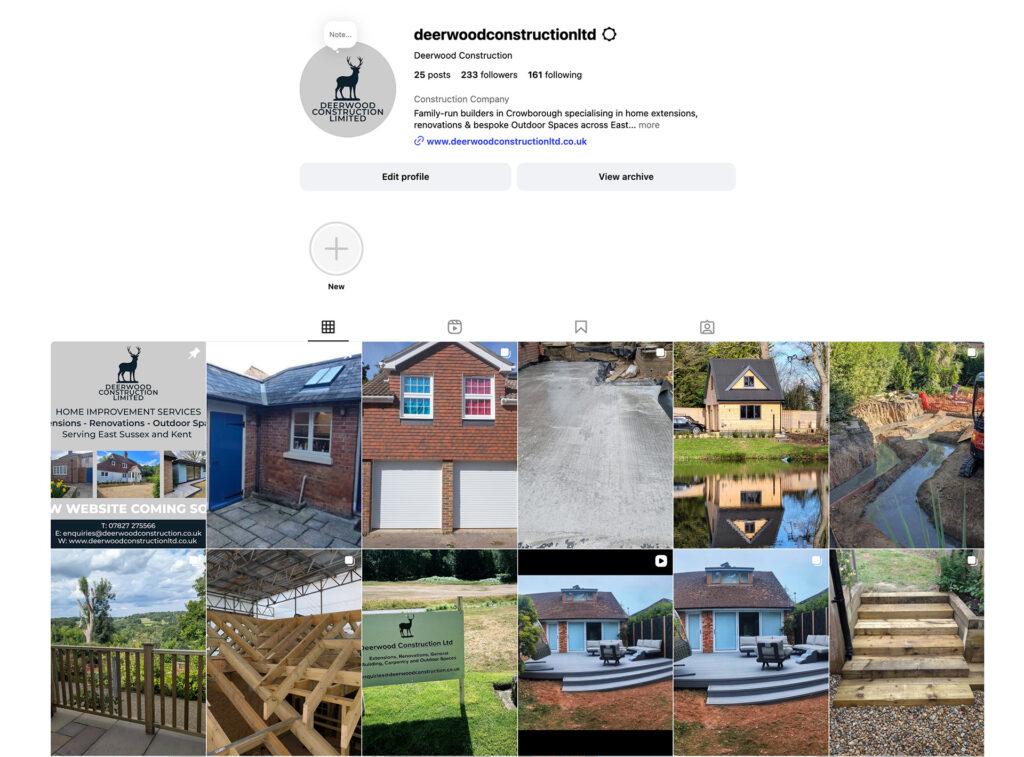 Deerwood Construction Instagram feed showing project photos and company profile for Crowborough East Sussex construction services.