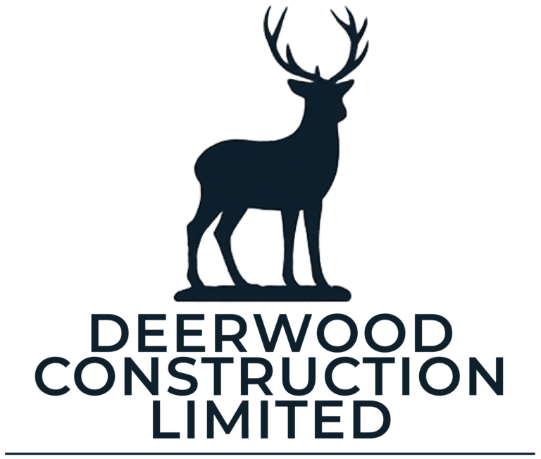 Deerwood Construction Ltd site identity logo featuring a stag symbol with text Extensions, Renovations, Outdoor Spaces.