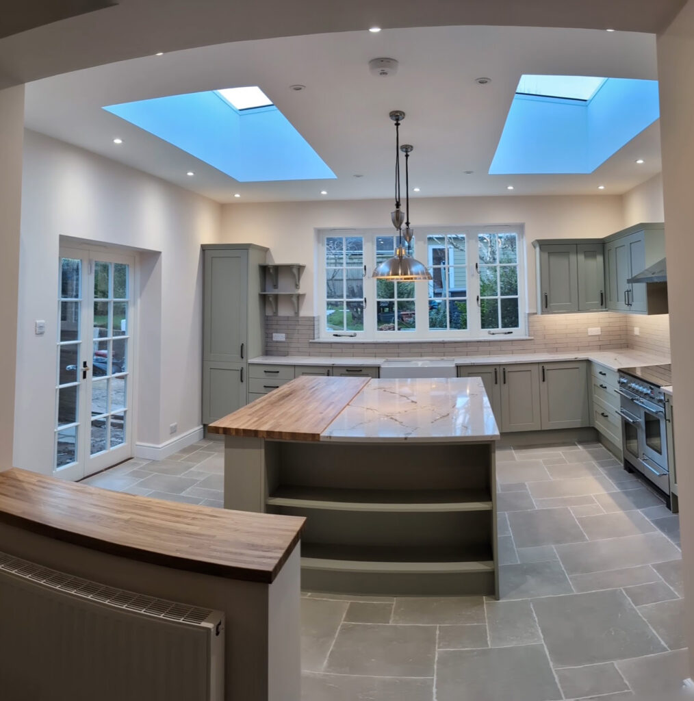 Deerwood Construction kitchen renovation during whole-house refurbishment in Crowborough East Sussex with skylight ceiling.