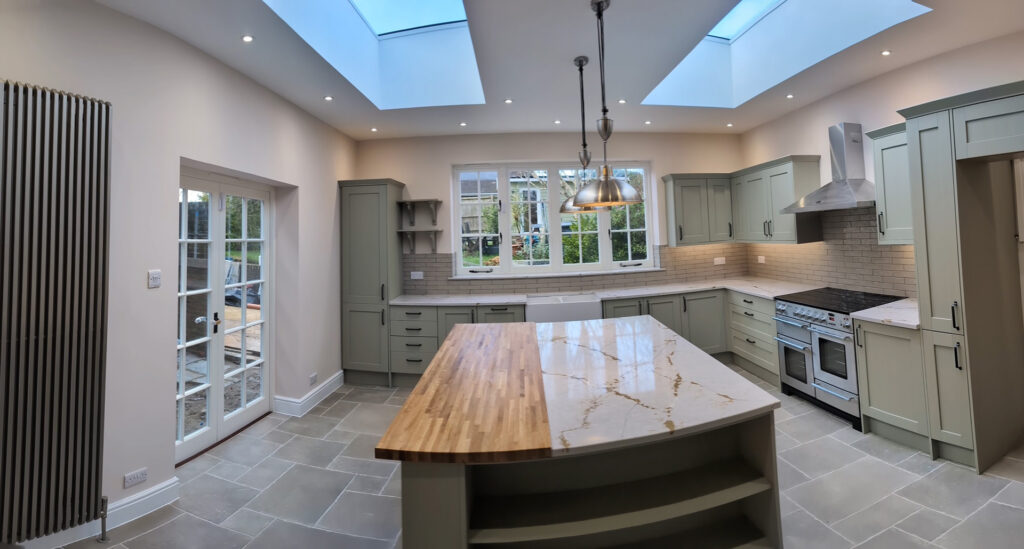 Deerwood Construction whole-house refurbishment showing kitchen layout with skylights in Crowborough East Sussex.