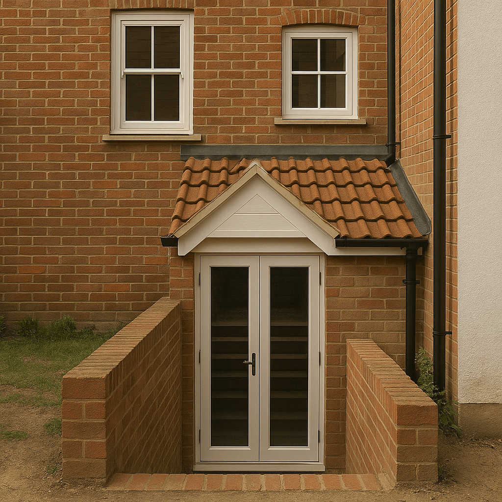 Basement and cellar conversion by Deerwood Construction in Crowborough East Sussex featuring brick steps and tiled roof entrance.