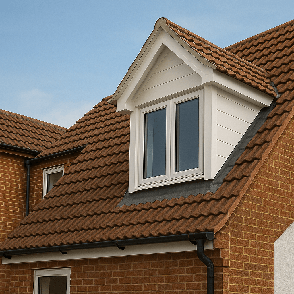 Loft conversion dormer window by Deerwood Construction in Crowborough East Sussex featuring tiled roof and white cladding.