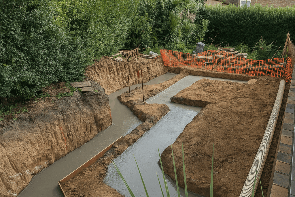 Building reinforcement and drainage preparation by Deerwood Construction in Crowborough East Sussex with concrete footings.