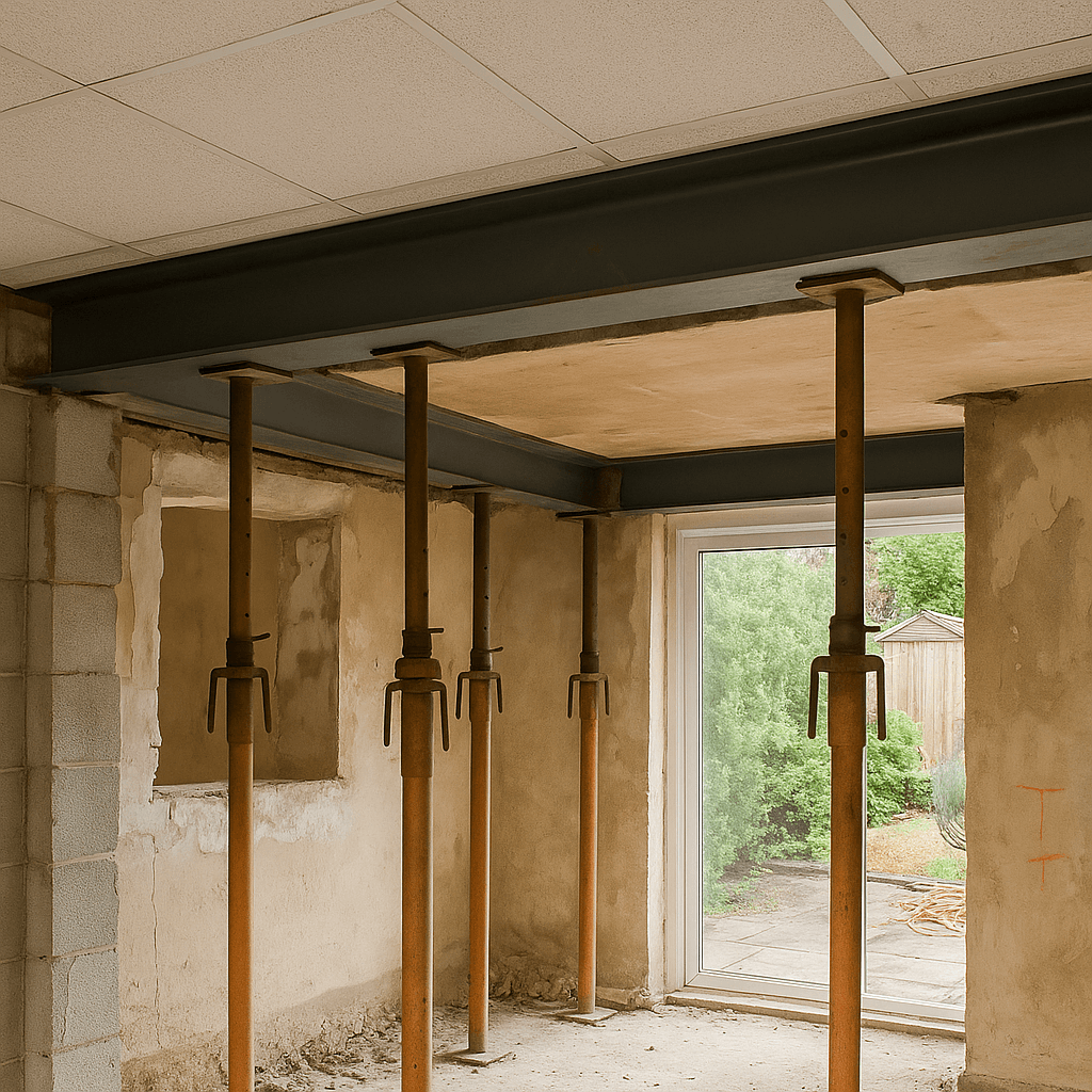 Load-bearing wall removal by Deerwood Construction in Crowborough East Sussex with RSJ steel beam installation.