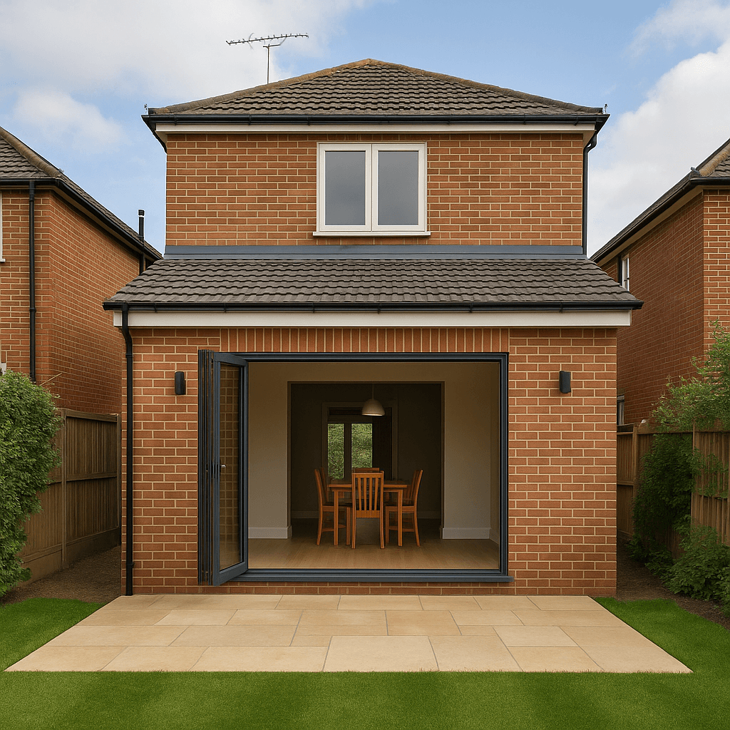 Double storey home extension by Deerwood Construction in Crowborough East Sussex featuring modern brickwork and patio doors.