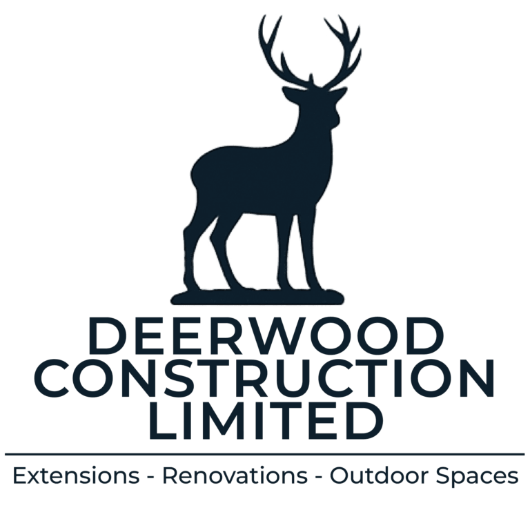 Deerwood Construction Ltd site identity logo featuring a stag symbol with text Extensions, Renovations, Outdoor Spaces.