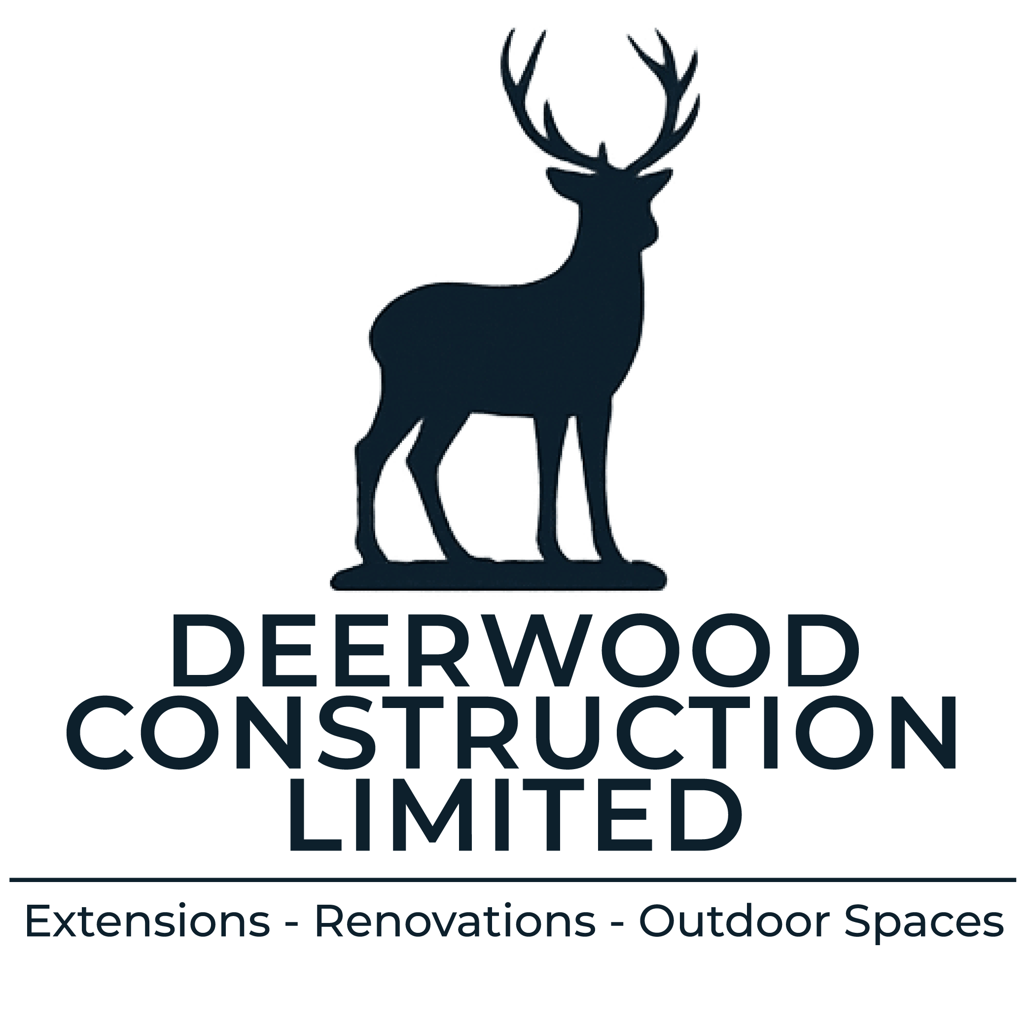 Deerwood Construction Ltd site identity logo featuring a stag symbol with text Extensions, Renovations, Outdoor Spaces.